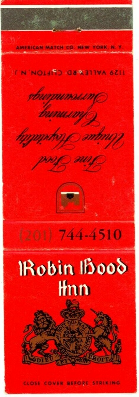 Robin Hood Inn Clifton NJ Vintage Matchbook Cover 1970s Robin Hood Inn Clifton NJ Vintage Matchbook Cover 1970s