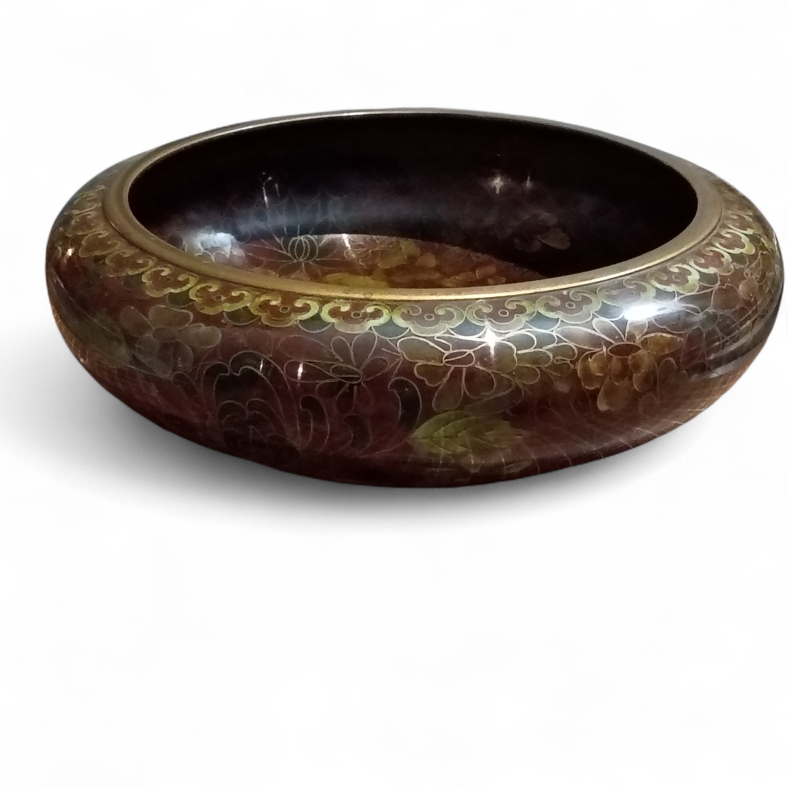 Asian Trad Cloisonne Enamel Bowl Thousand Flowers Motif Brown & Gold VTG