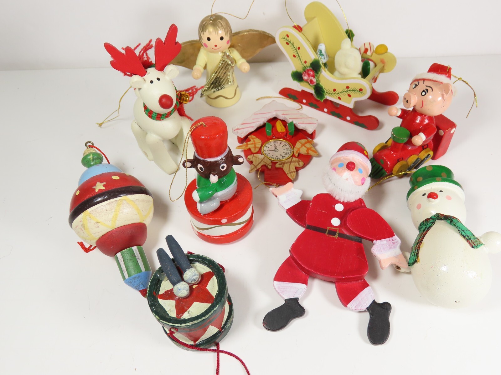 Christmas LG Wooden Ornament Lot Unique 10 Hand Painted Rudolph Chenille + C5526