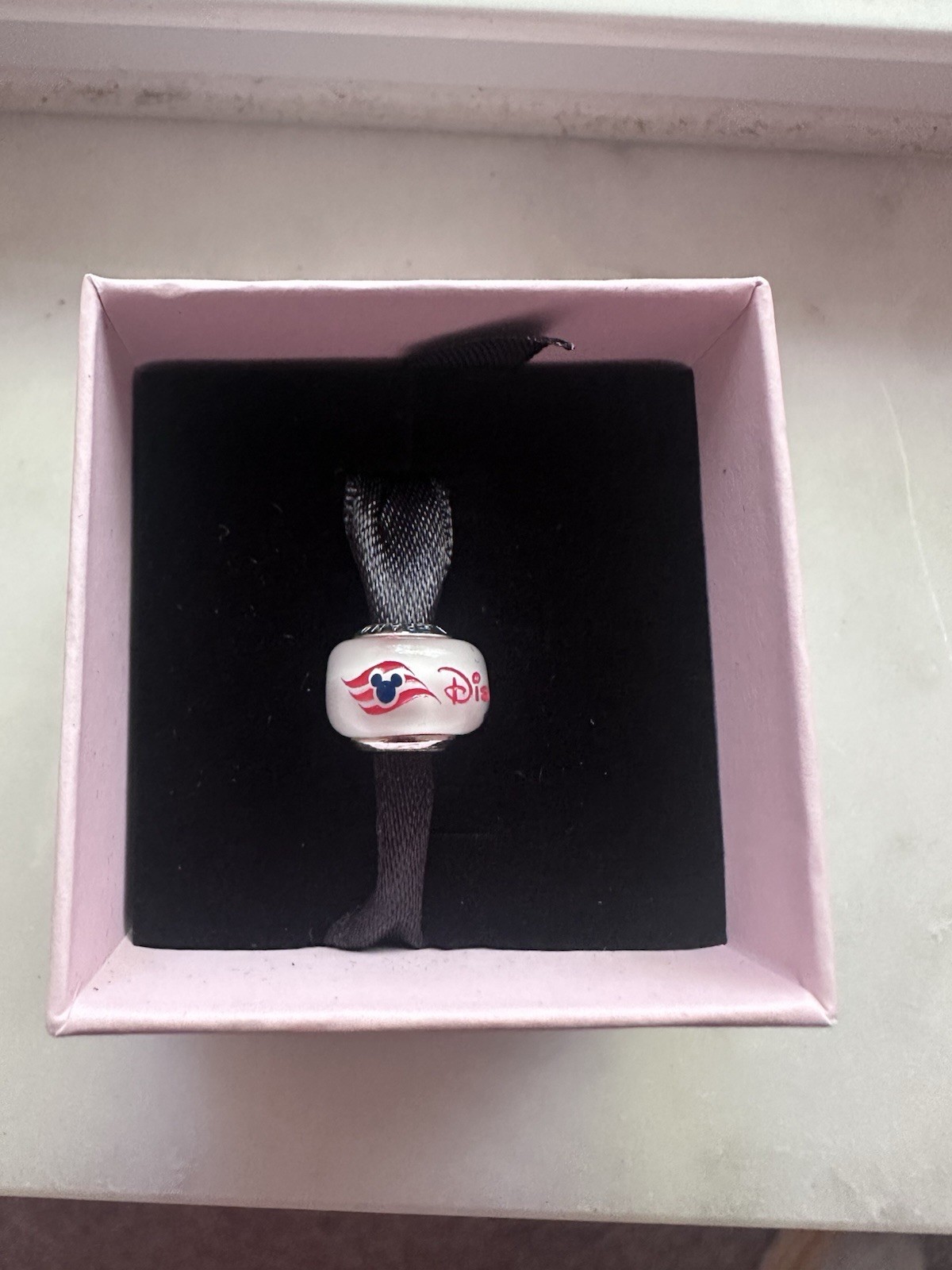 Disney Cruise Line DCL Logo Mickey Waves Pandora Murano Glass Charm Bead White