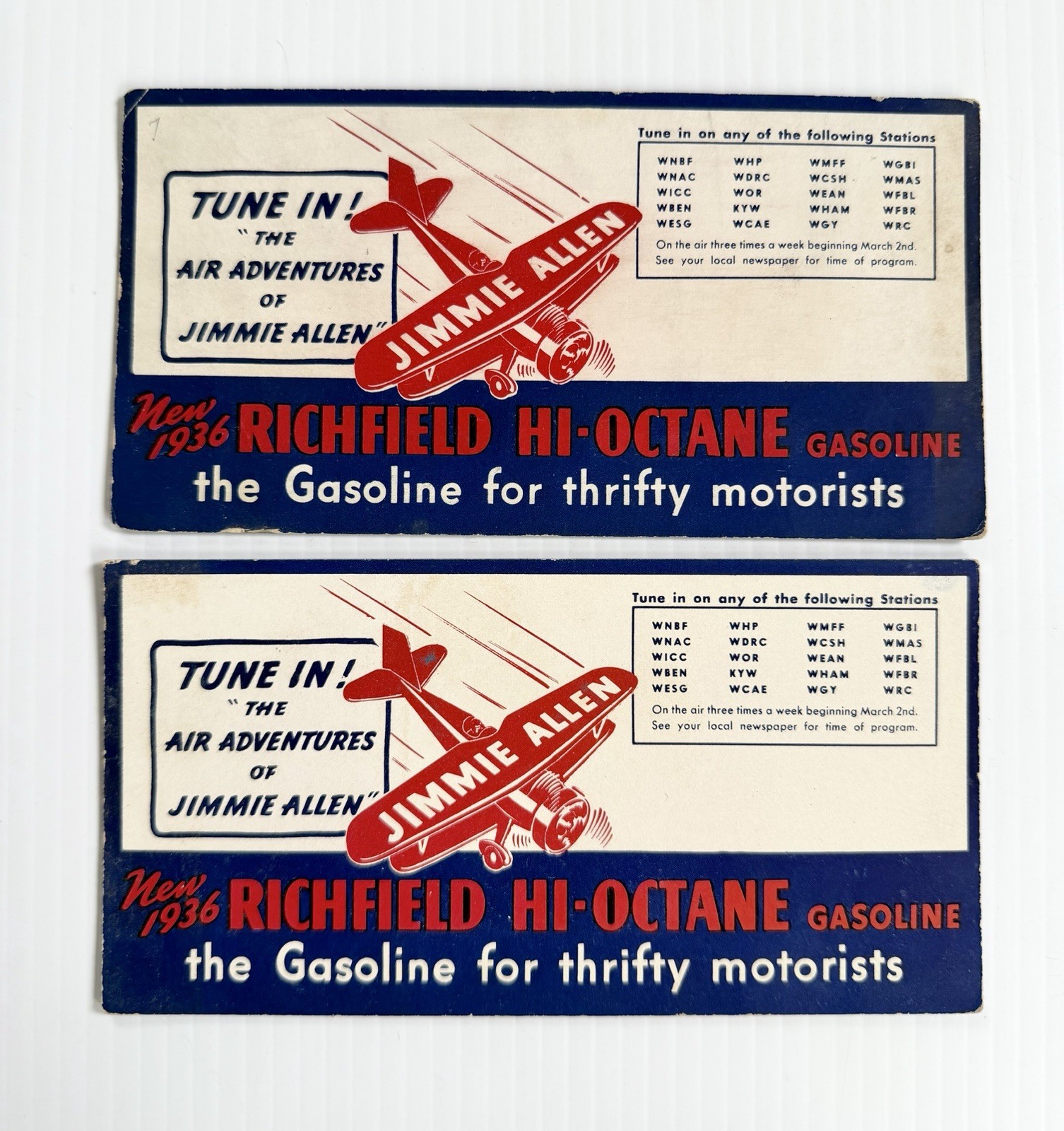 2 Vtg 1936 Richfield Hi-Octane Gas Jimmie Allen Radio Show Advertising Blotters