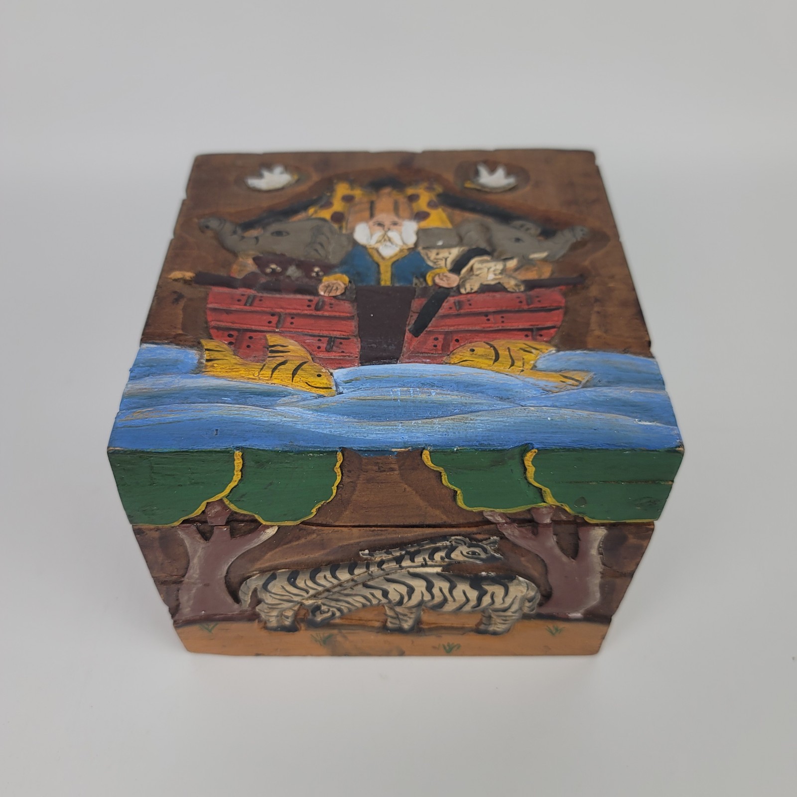 Vtg Handcrafted Noahs Ark Carved Wood Trinket Box Painted Folk Art Boho Decor Vtg Handcrafted Noahs Ark Carved Wood Trinket Box Painted Folk Art Boho Decor