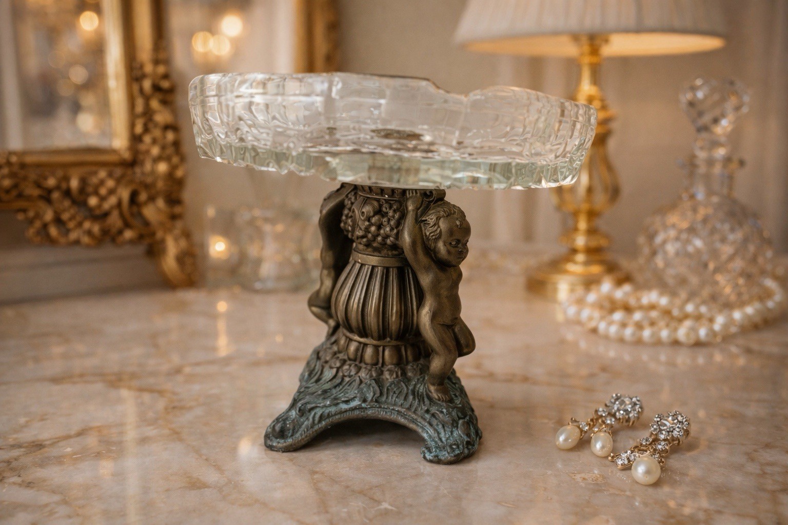 Antique Cut Glass Compote Cherub Bronze Pedestal Dish Victorian Art Deco