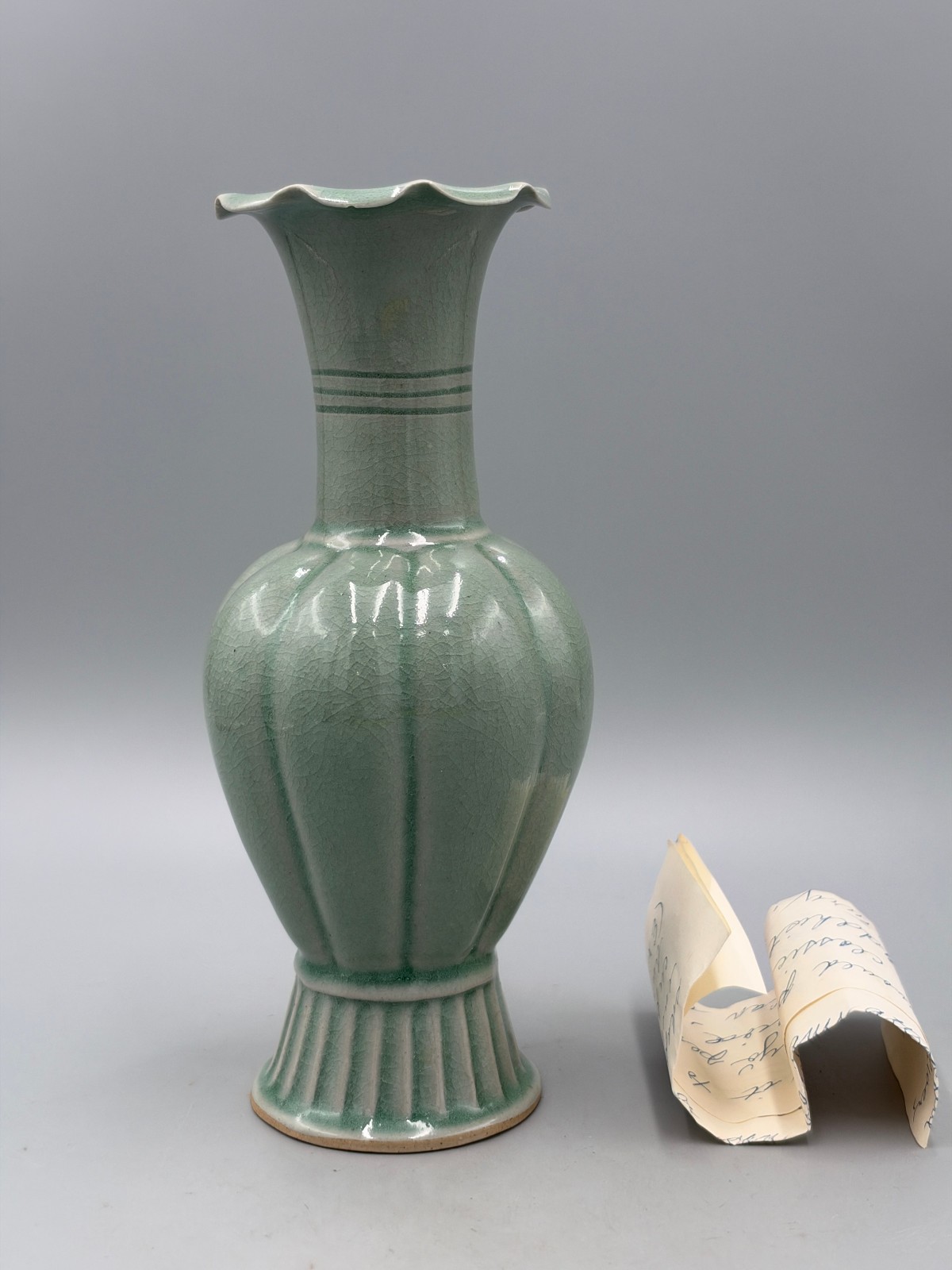 Vintage Mid‑20th Century Korean Celadon Lobed Vase, Goryeo Revival, 8.5''