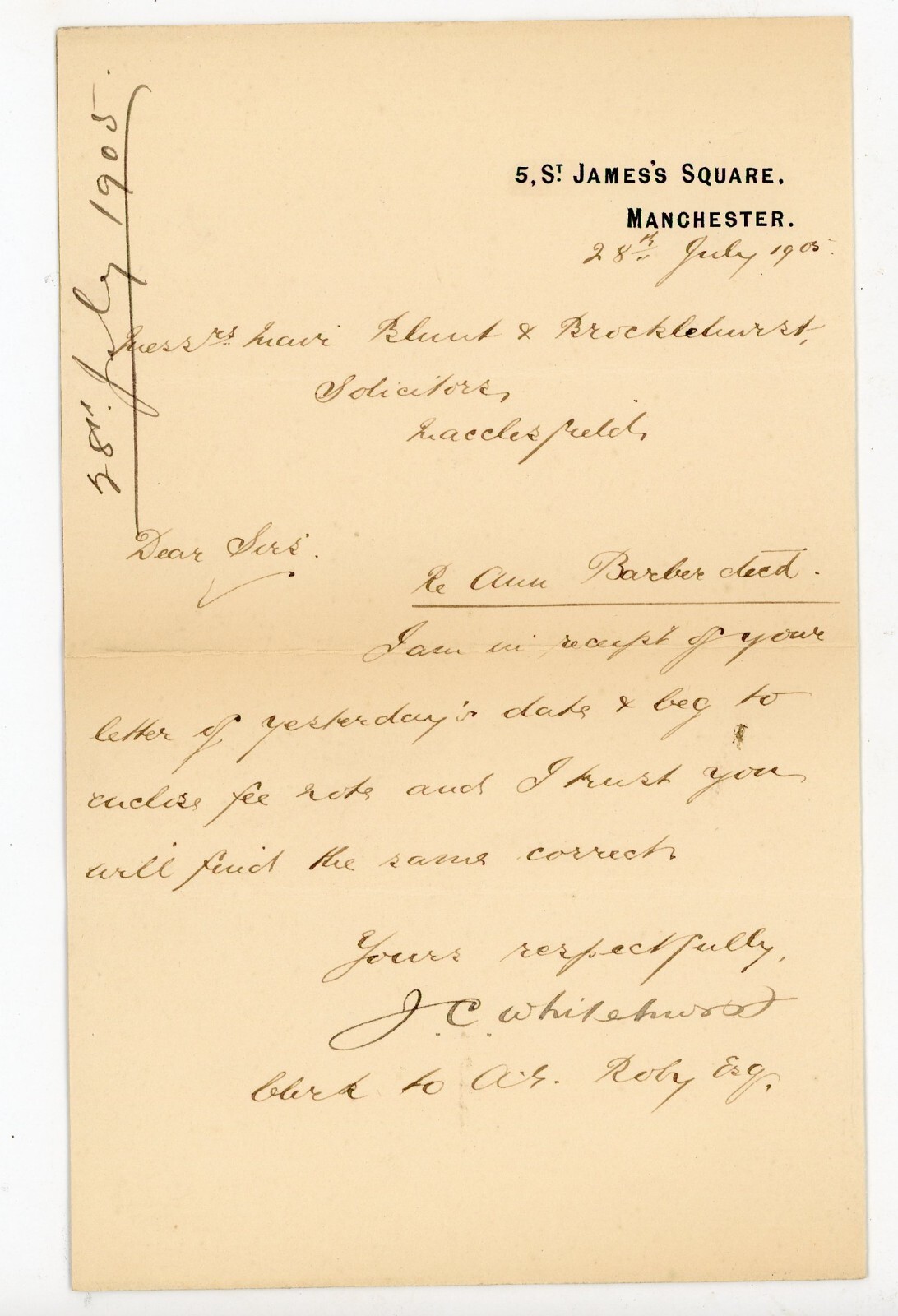 1905 Manchester Solicitor Letter Ann Barber Estate Signed JC Whitehurst England