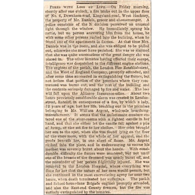 Fires with Loss of Life Mr. Daniels Grocer 1844 London Clipping SAI5-M2