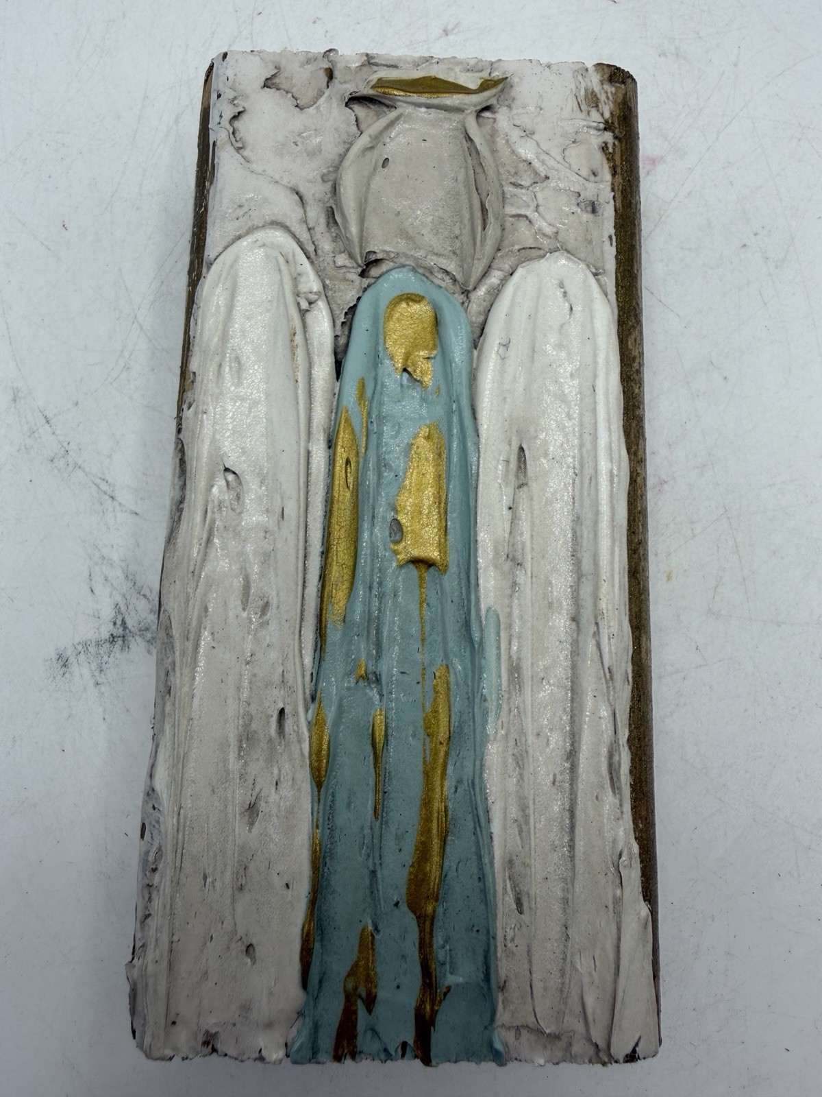 Vintage Folk Art Angel Wall Plaque Hand Painted Wood & Plaster Relief 2.5