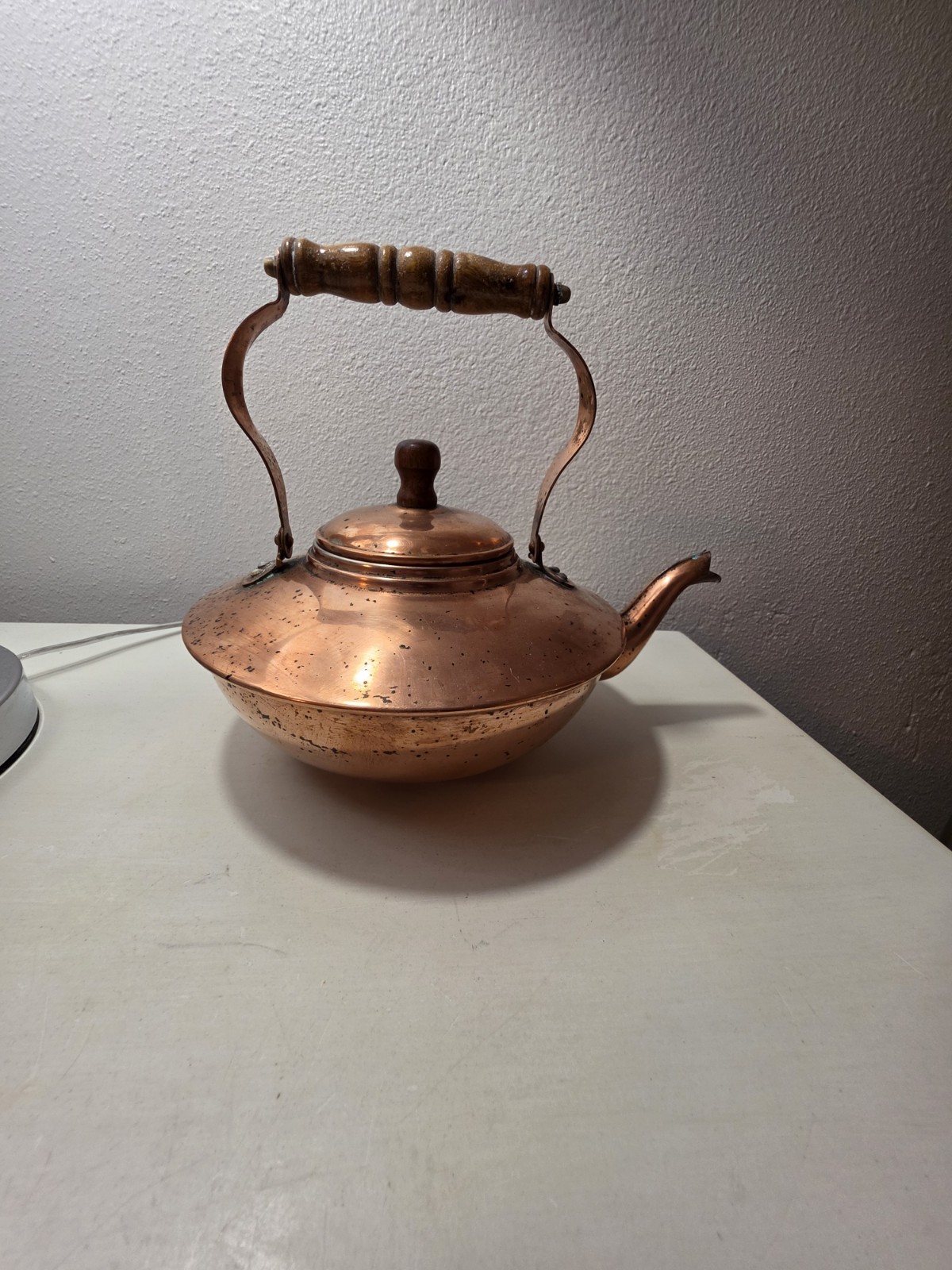 Vintage Solid Copper Tea Kettle Teapot Wood Handle Lid Rustic Farmhouse Decor
