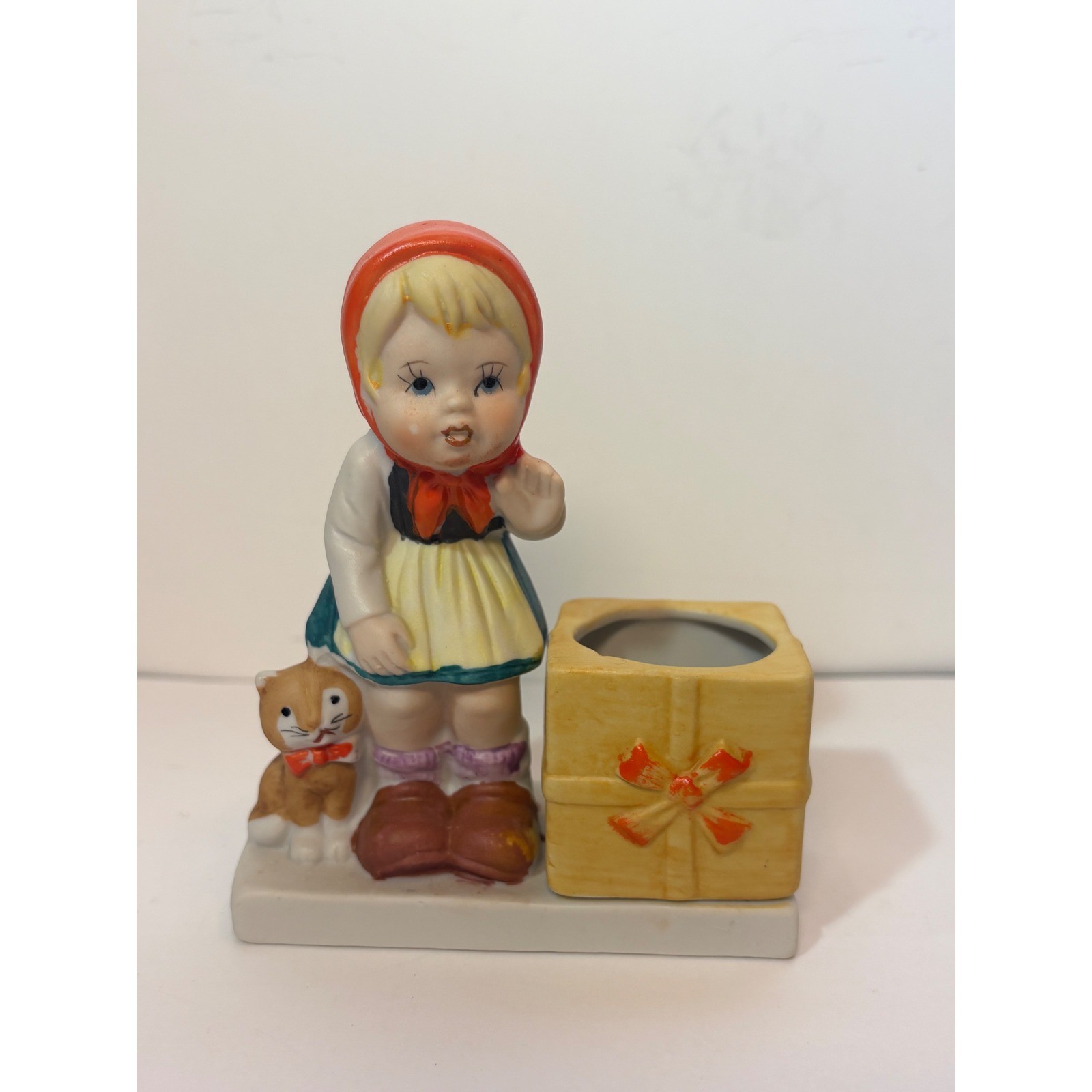 Vintage JSNY Little Red Riding Hood Girl Cat Planter Candle Holder Figurine