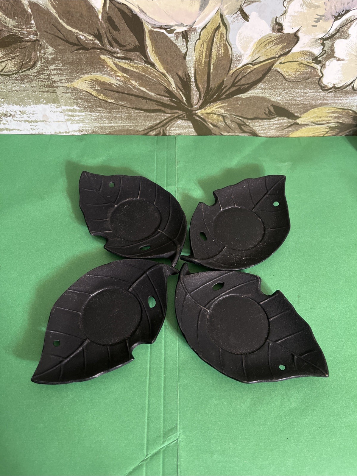 Vintage Iwachu Leaf Shaped Coaster Set Of 4, Cast Iron. 5” X 3”