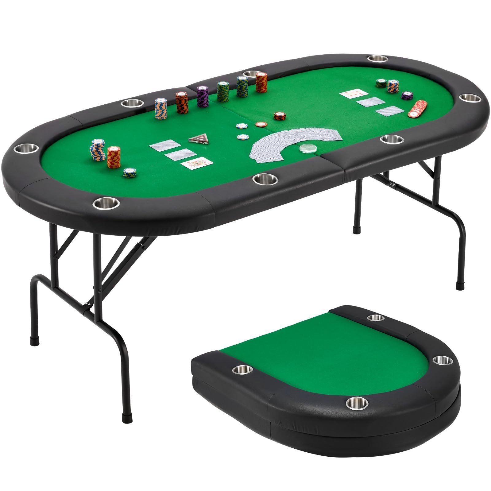 8 Player Folding Poker Table, Oval Blackjack Game Table with Cup Holders, Green