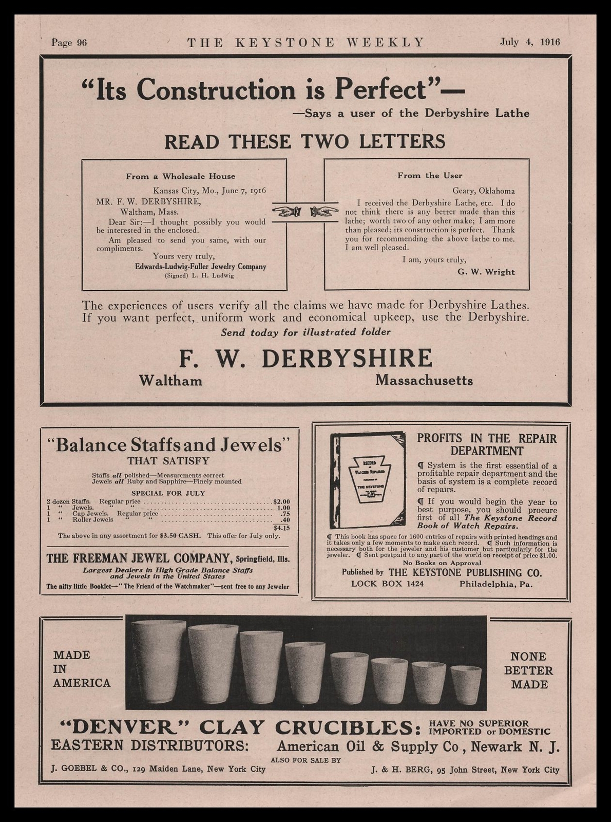1916 F. W. Derbyshire Jewelry Lathes Waltham Massachusetts Vintage Print Ad