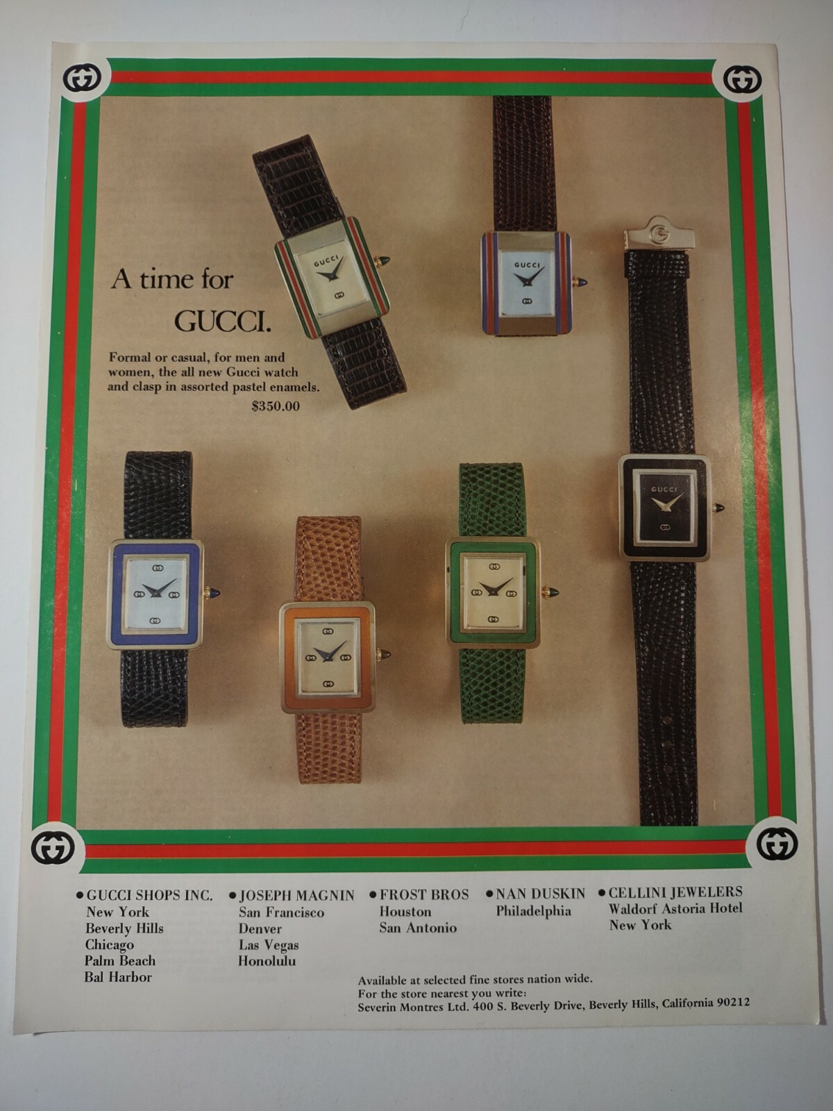 Time for Gucci Wristwatch Fashion Department Store Vintage 1980s Print Ad Time for Gucci Wristwatch Fashion Department Store Vintage 1980s Print Ad