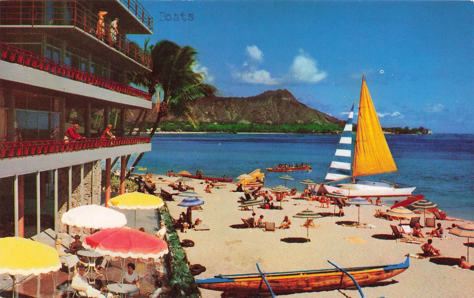 SAILBOAT AT REEF HOTEL NEWEST IN WAIKIKI HONOLULU HI VINTAGE POSTCARD 060123 S