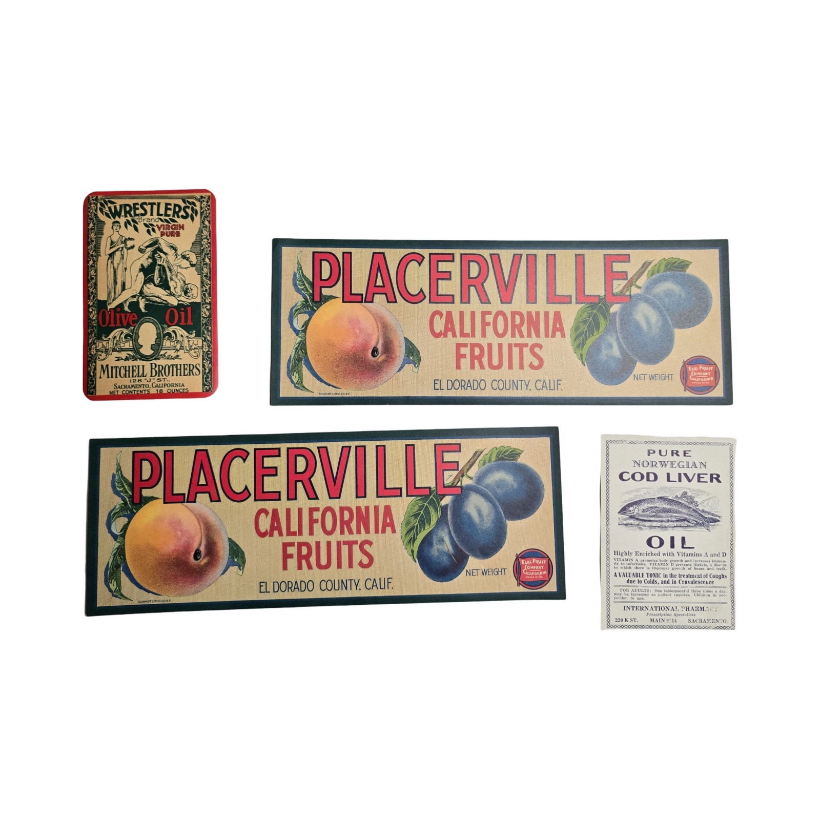 4 Vintage Advertisements Placerville CA Fruit Labels Olive Oil Cod Liver Oil
