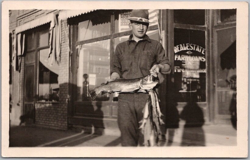 Vintage 1910s FISHING Real Photo RPPC Postcard - Fisherman Showing Off His Fish
