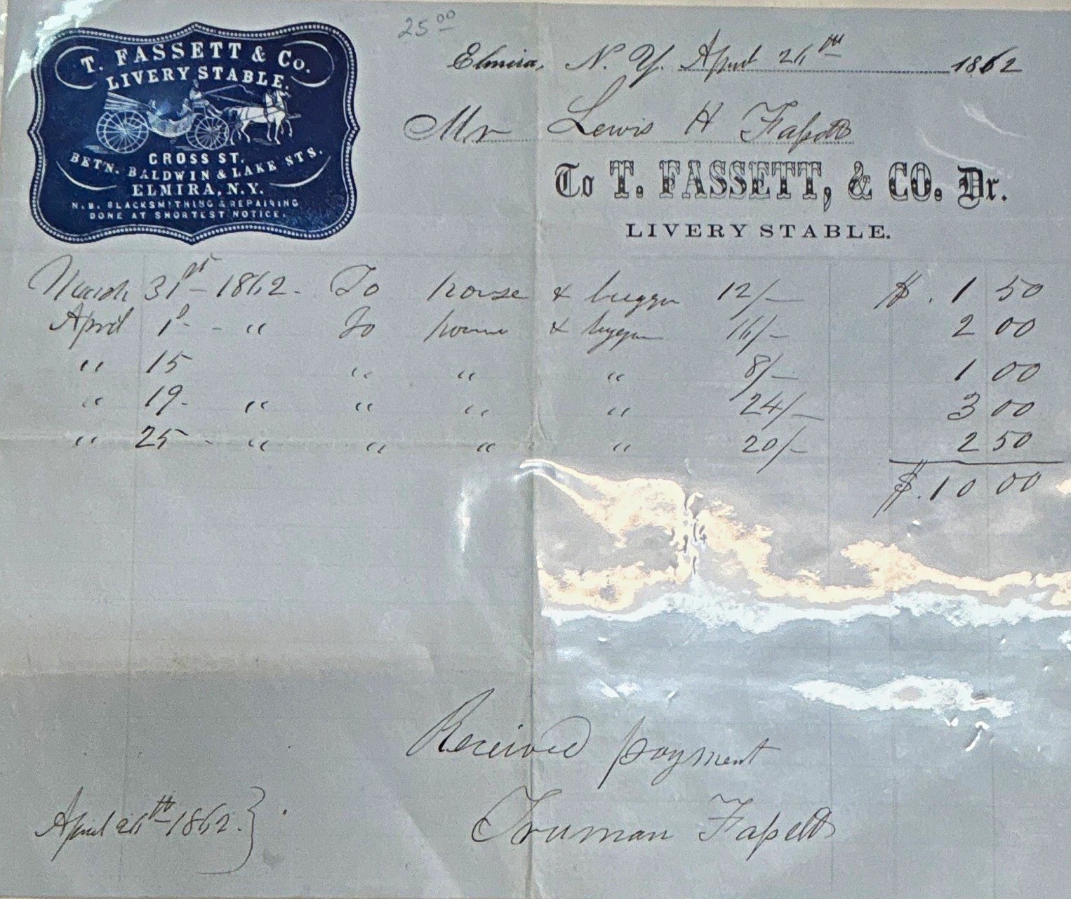 1862 F. Bassett & Co. Livery Stable Receipt/Invoice to Lewis W. Taylor 1862 F. Bassett & Co. Livery Stable Receipt/Invoice to Lewis W. Taylor