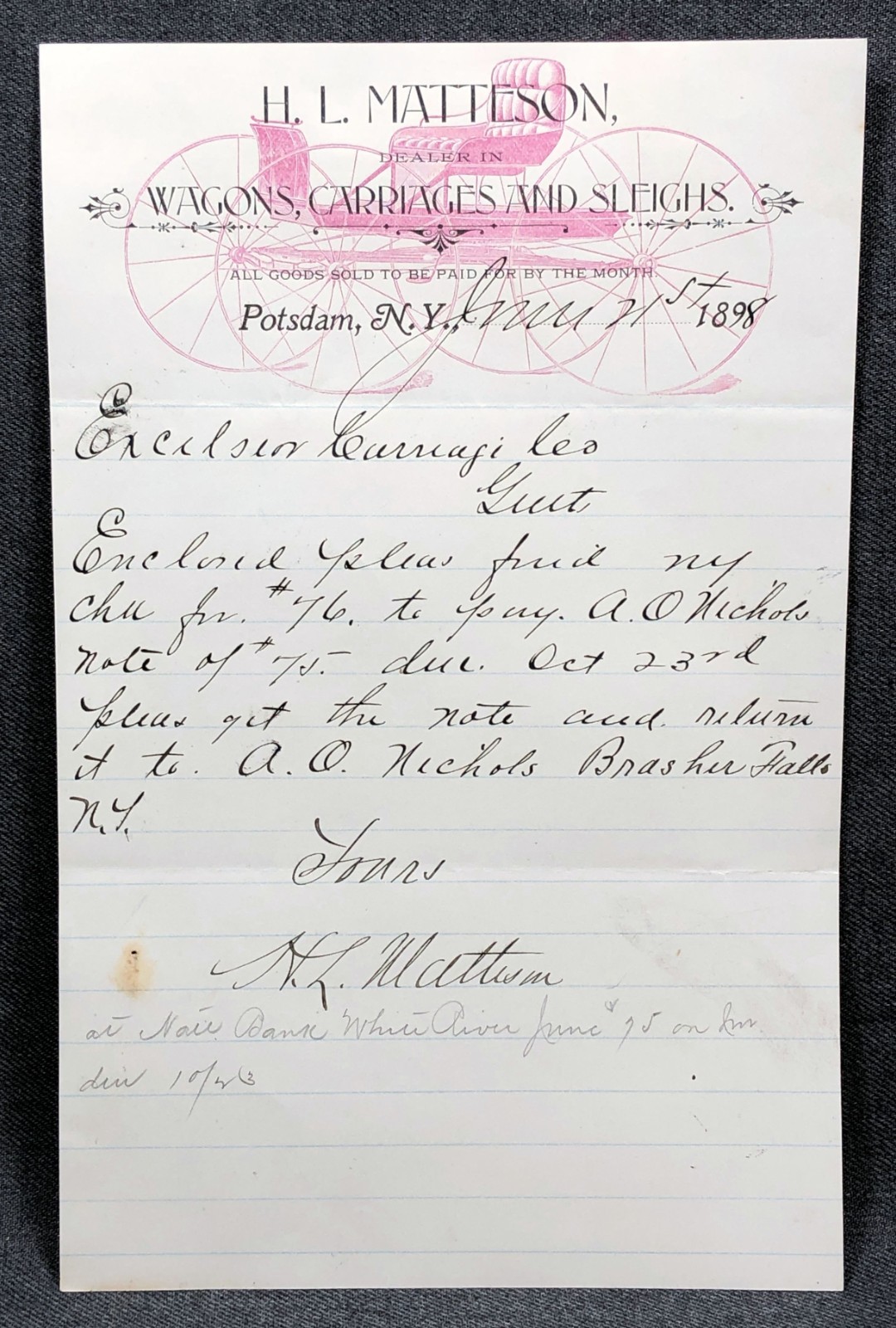 Antique Letterhead Ephemera H.L. Matteson Carriages Potsdam NY 1898 Letter Antique Letterhead Ephemera H.L. Matteson Carriages Potsdam NY 1898 Letter