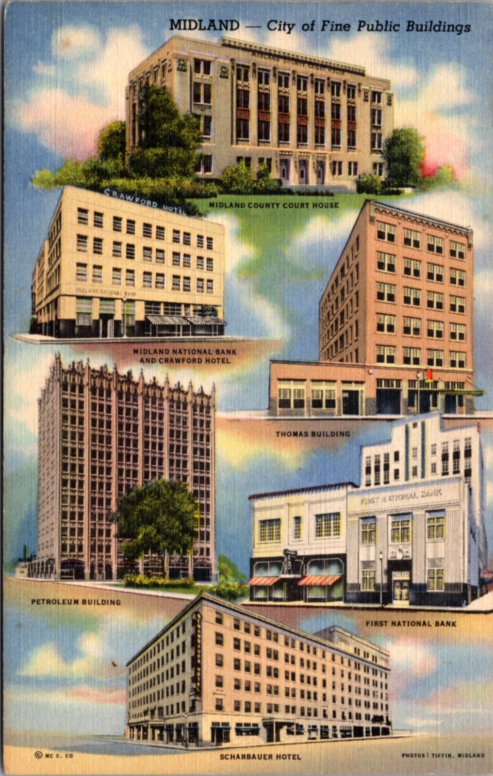 Linen Postcard Multiple Views of City of Fine Public Buildings in Midland, Texas