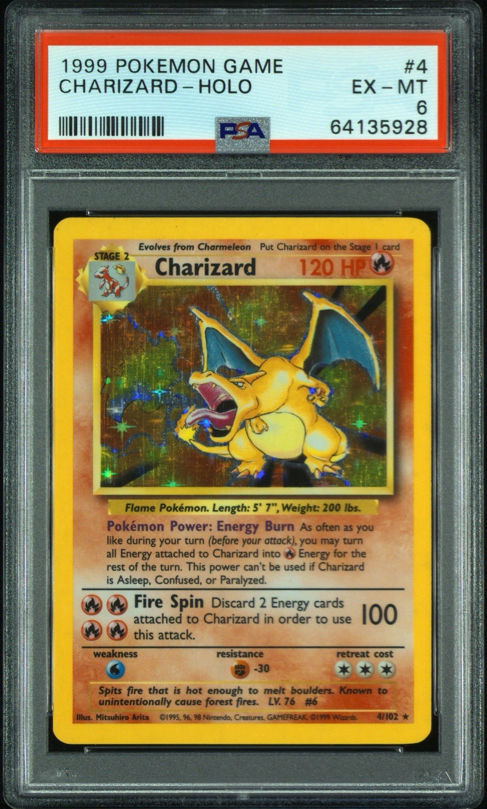 1999 Pokemon Base Set Charizard Holo 4/102 PSA6 1999 Pokemon Base Set Charizard Holo 4/102 PSA6
