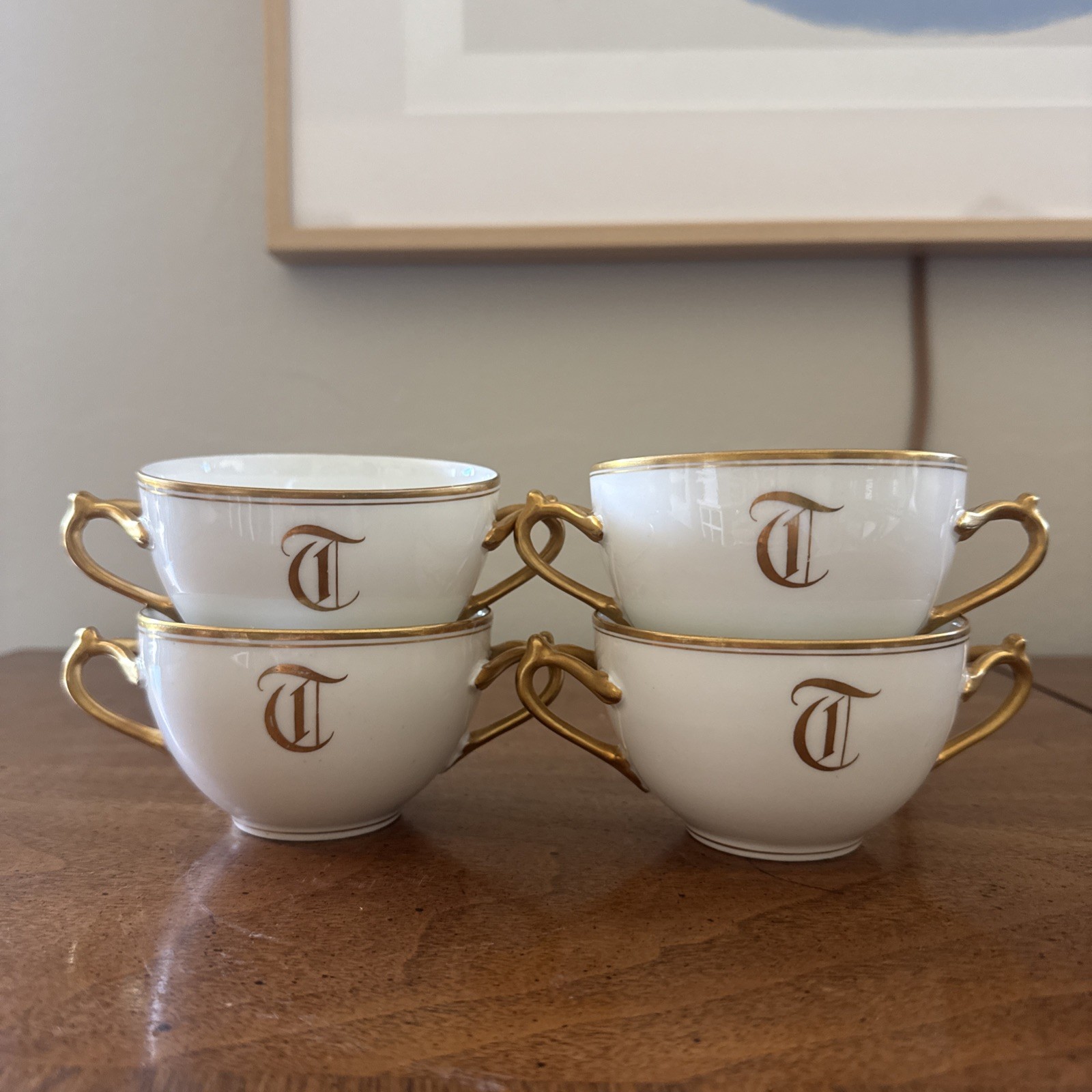 B&C Limoges France Higgins Seiter NY “T” Bullion Cups, Gold Split Handles & Trim B&C Limoges France Higgins Seiter NY “T” Bullion Cups, Gold Split Handles & Trim