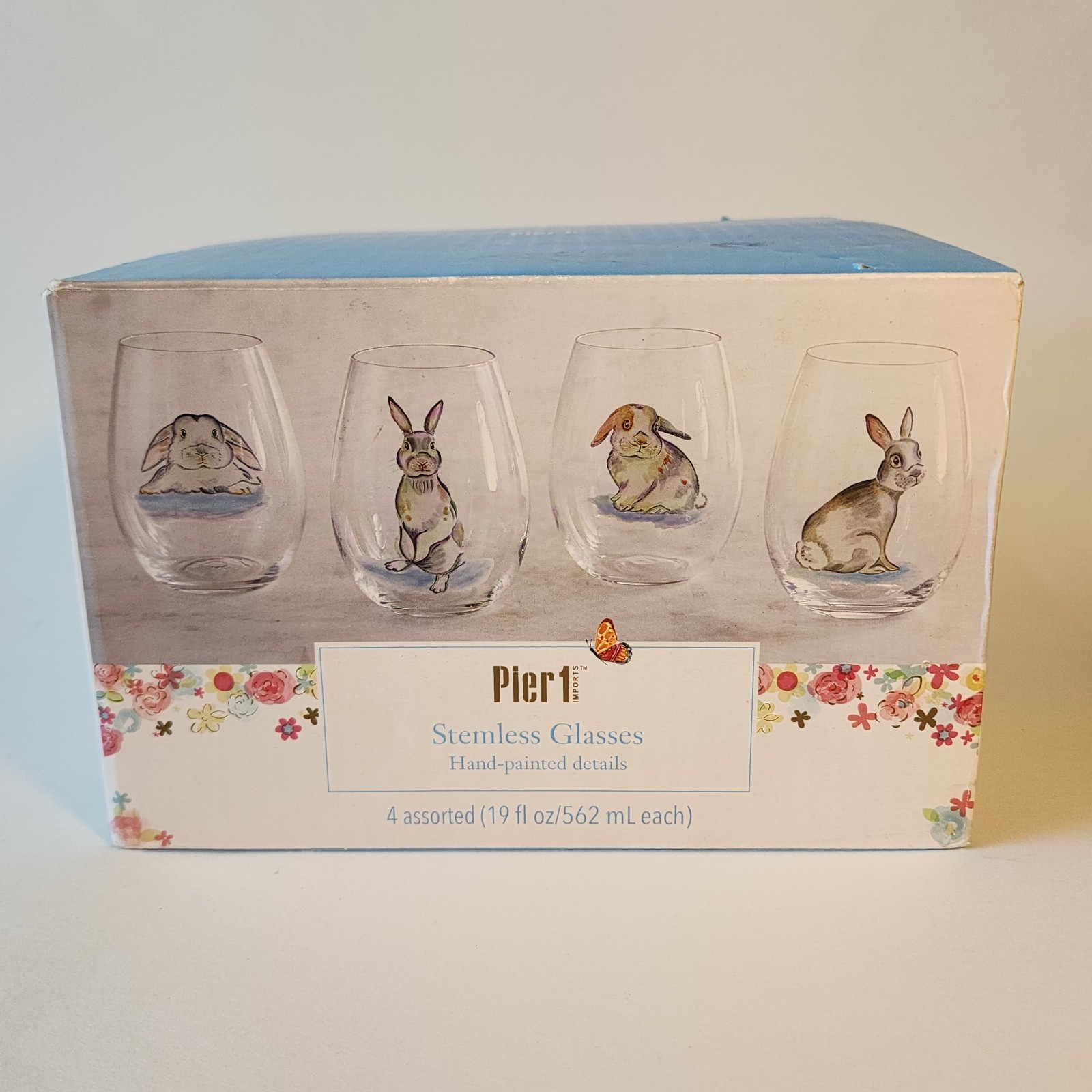 Pier 1 Imports Gray Bunnies Hand-Painted Stemless Glasses Set of 4 NEW in Box Pier 1 Imports Gray Bunnies Hand-Painted Stemless Glasses Set of 4 NEW in Box