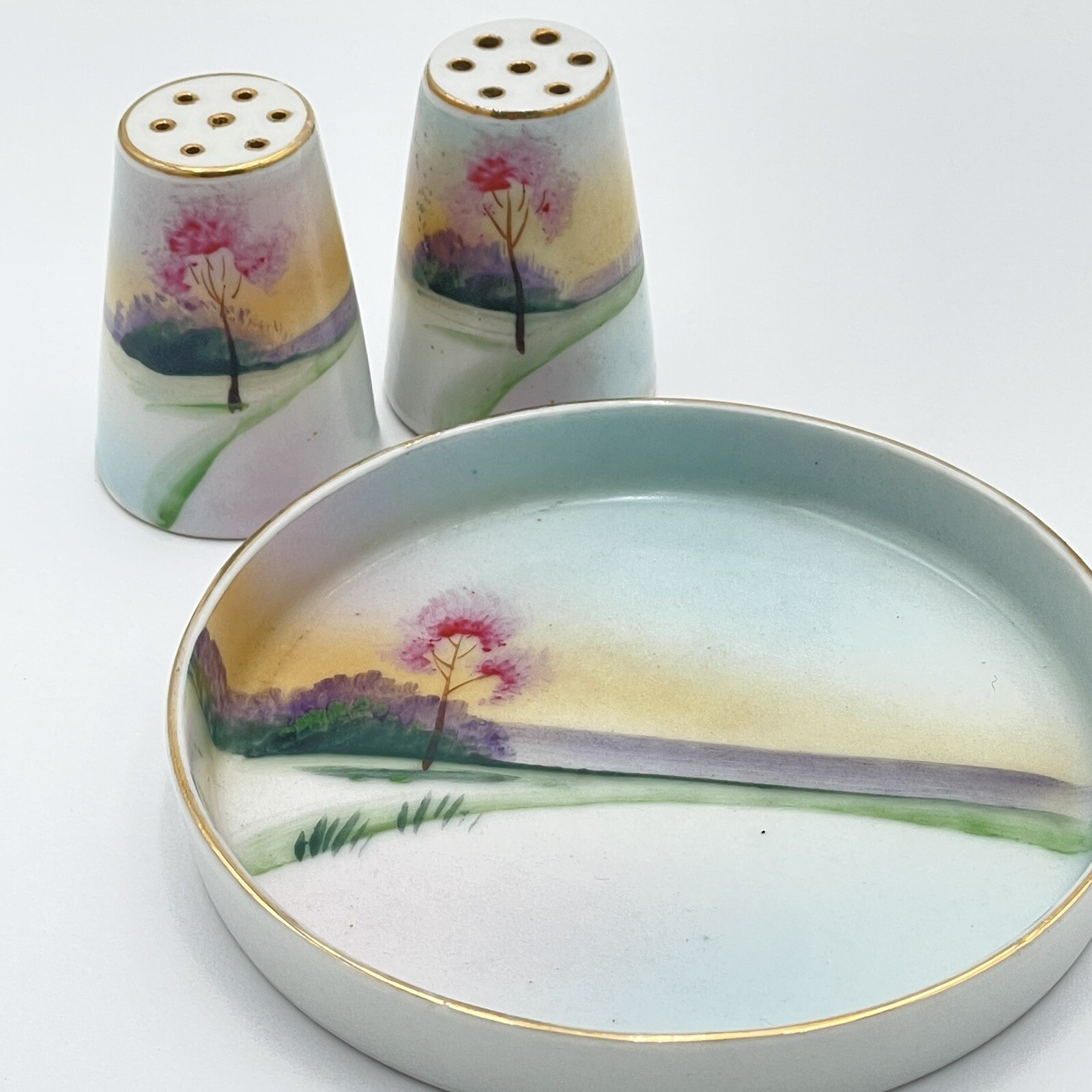 VTG Meito China Dish Handpainted Made in Japan w/ matching Salt & Pepper Shakers