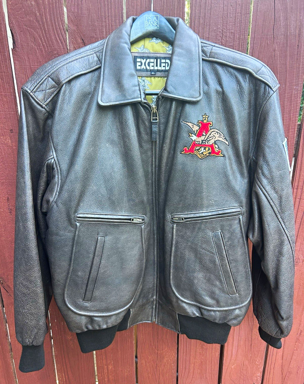 Budweiser XL Black Leather Jacket Embroidered Back USA Flag Patch