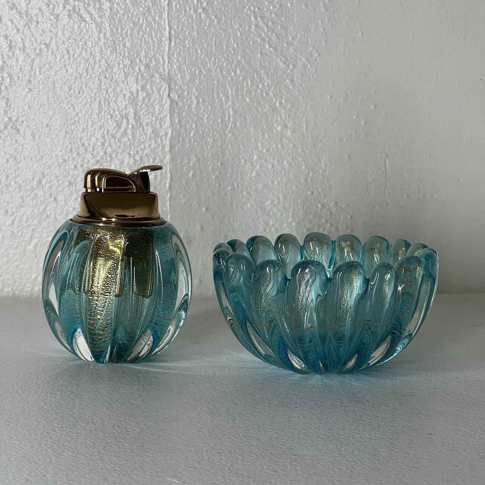 Vtg Evans Lighter & Ashtray Set Glass Blue Gold Fleck  Rare Sparks