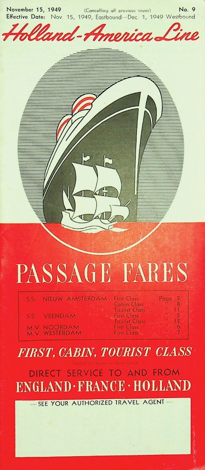1949 Holland America Line Passage Fares England France Holland - E12-A 1949 Holland America Line Passage Fares England France Holland - E12-A