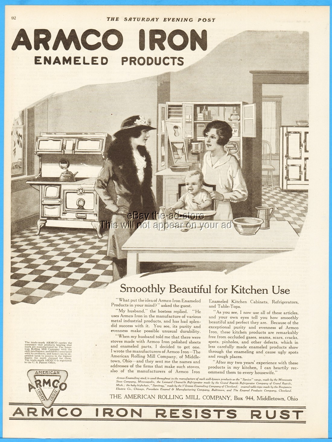 1919 ARMCO Middletown OH Enameled Kitchen Products Hoosier Cabinet Stove Ad