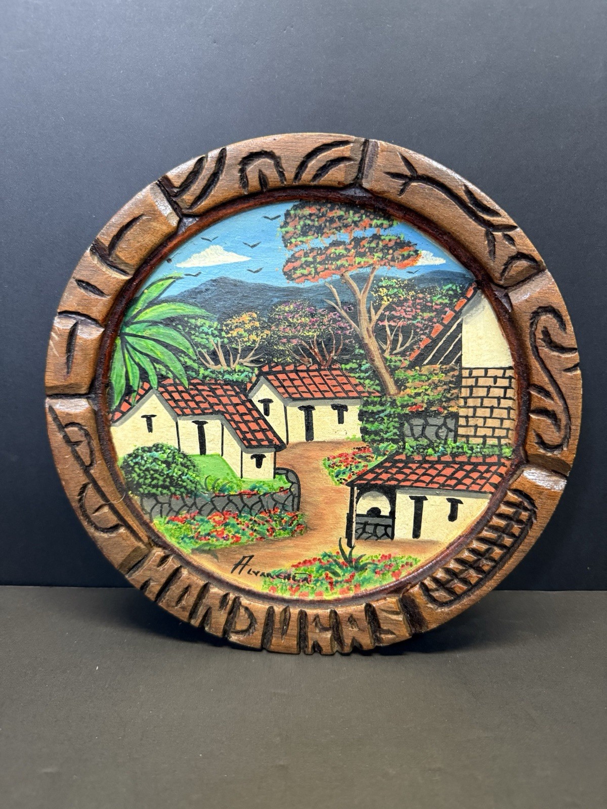 Vintage Honduras Hand Painted Wooden Carved Plate