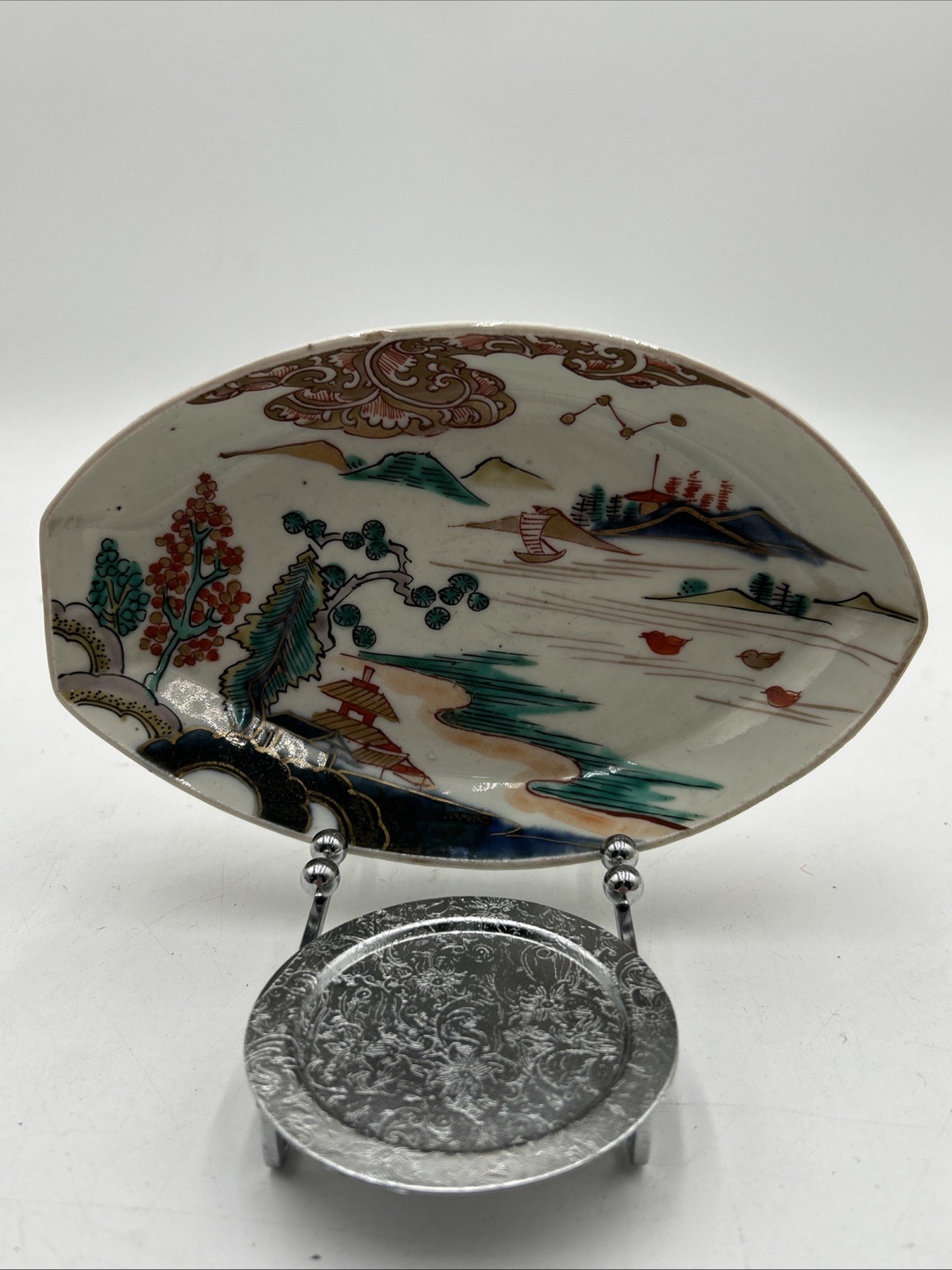 Vintage Japanese Hand Painted Porcelain Oval Dish Marshall Field Tag Landscape Vintage Japanese Hand Painted Porcelain Oval Dish Marshall Field Tag Landscape