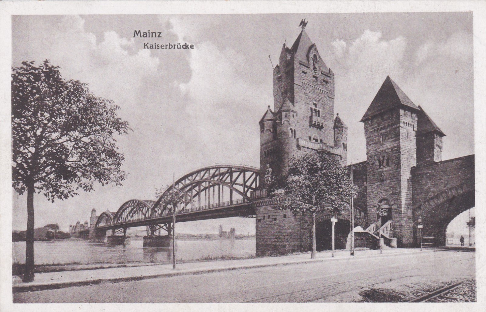 1919 Postcard German Empire Mainz Rhine Kaiserbrücke Cityscape Bridge Panorama Excellent