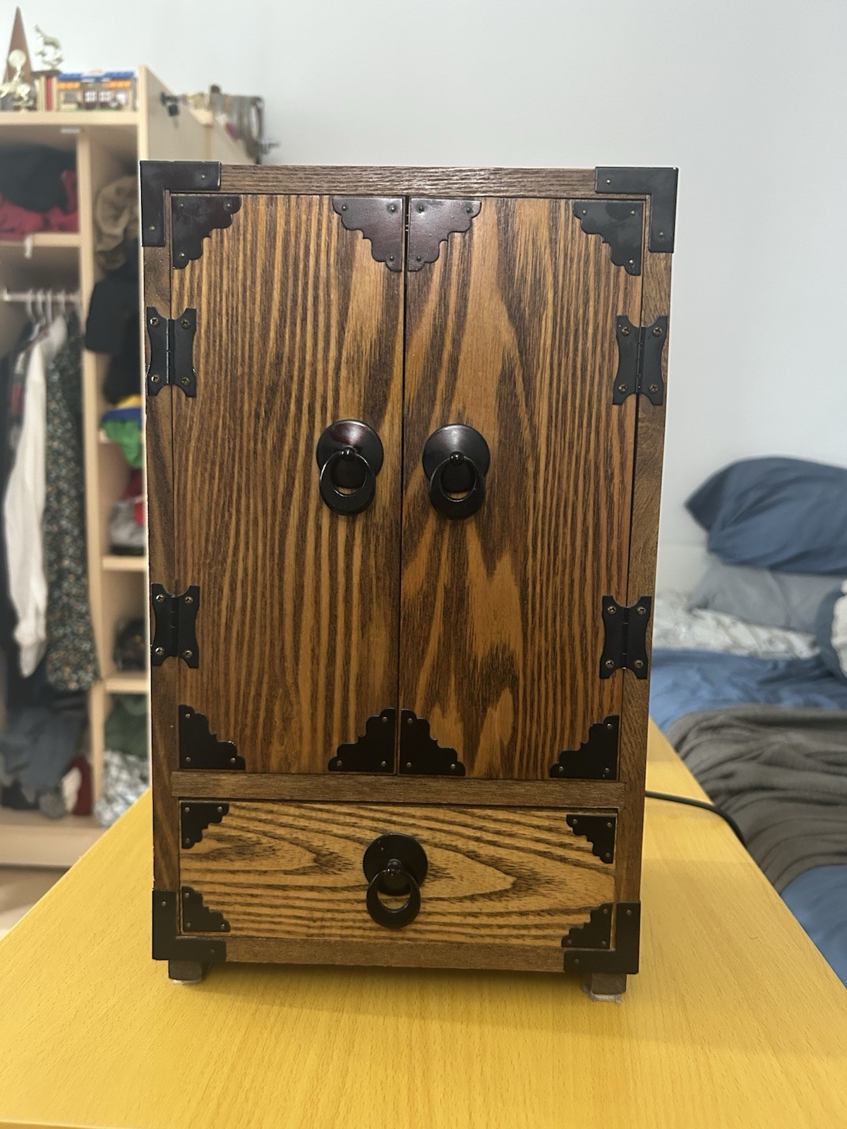 Vintage Japanese Wooden Small Tansu Cabinet Box Chest Drawers Double Doors