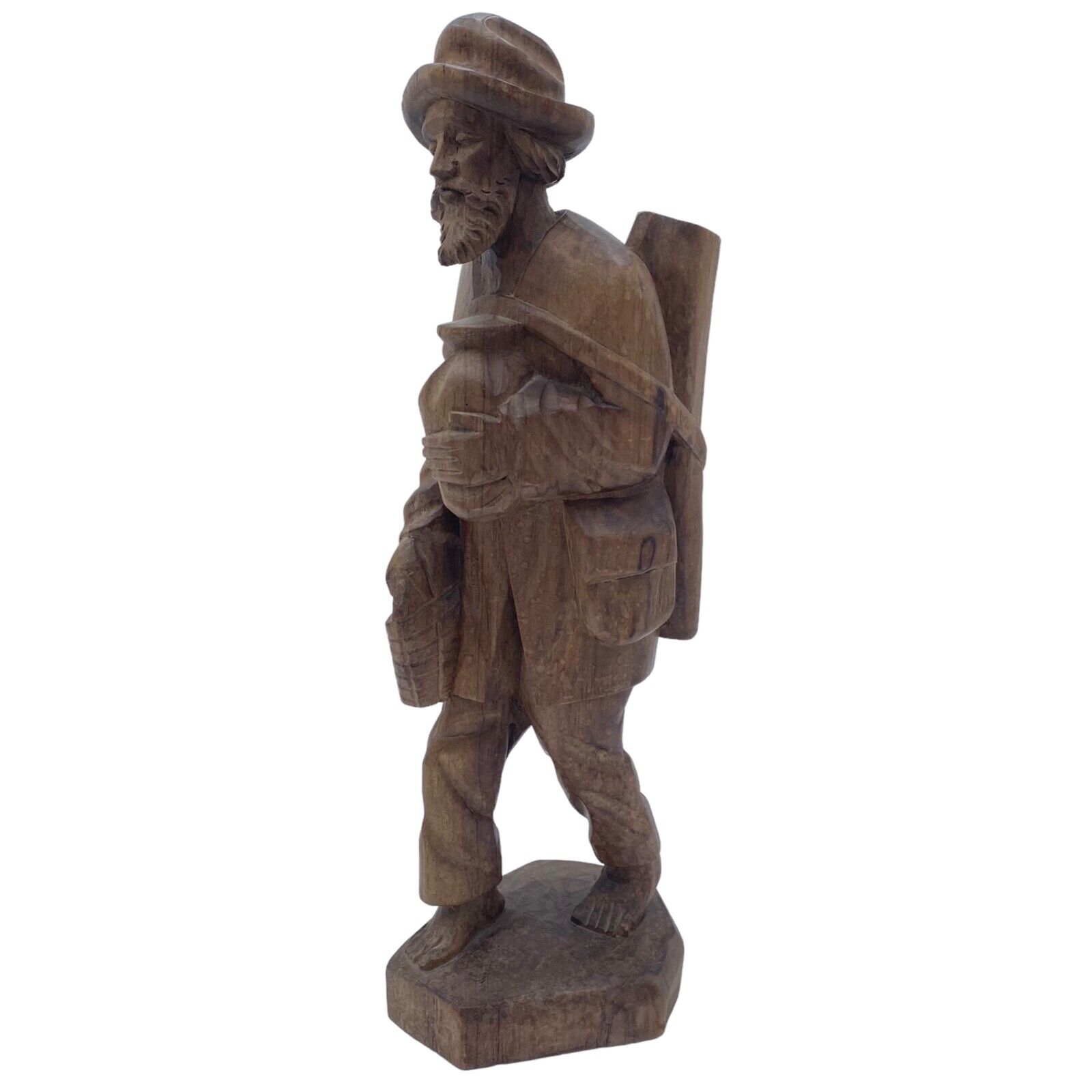 Vintage Hand Carved Ecuadorian Man Walking Barefoot Wood Collectible 16 in