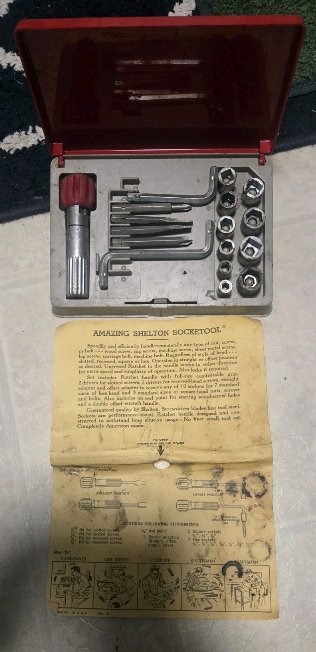 Vintage 1950s Shelton Socketool Multi Tool Kit Complete Time Capsule w/ Manual Vintage 1950s Shelton Socketool Multi Tool Kit Complete Time Capsule w/ Manual