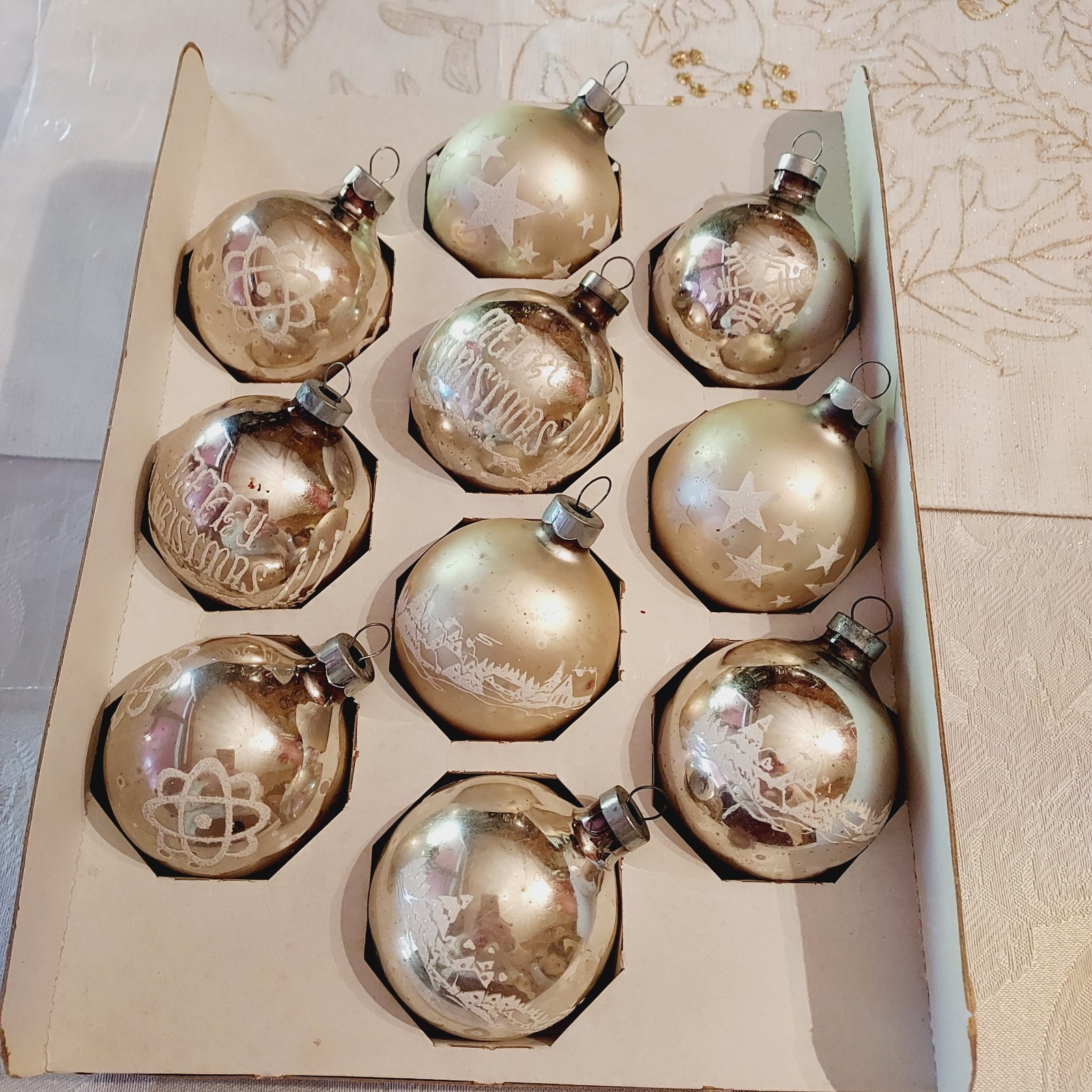 Vtg Franke Other 10 Stencil Mercury Glass Christmas Ornaments Silver Atomic Star