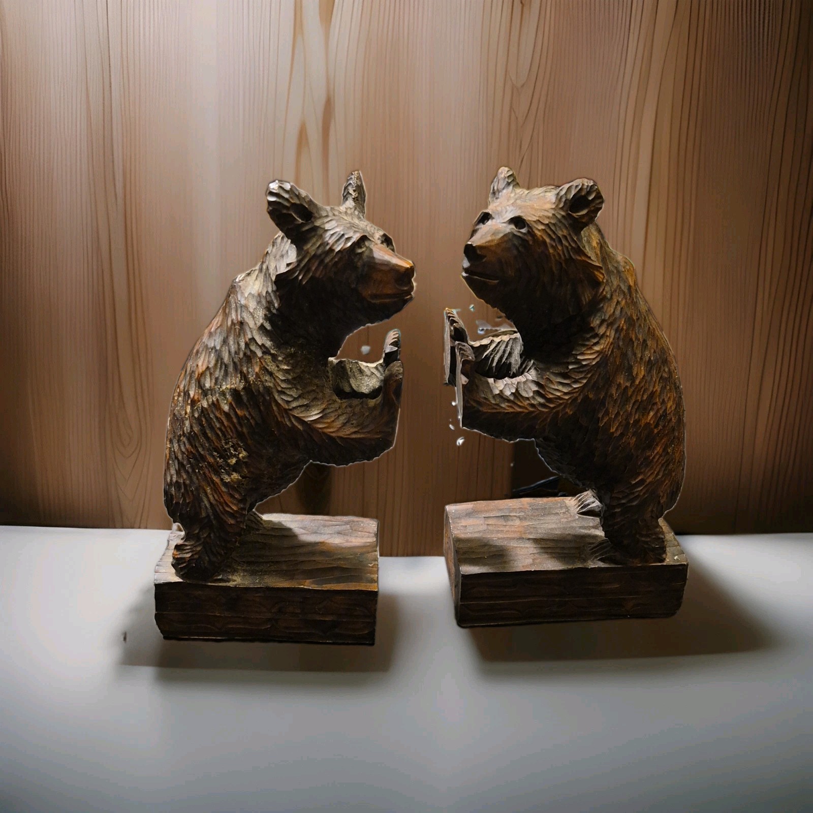 Amazing HAND CARVED Pair Of Brown FOREST WOOD Bear Bookends USA Made 9 Amazing HAND CARVED Pair Of Brown FOREST WOOD Bear Bookends USA Made 9