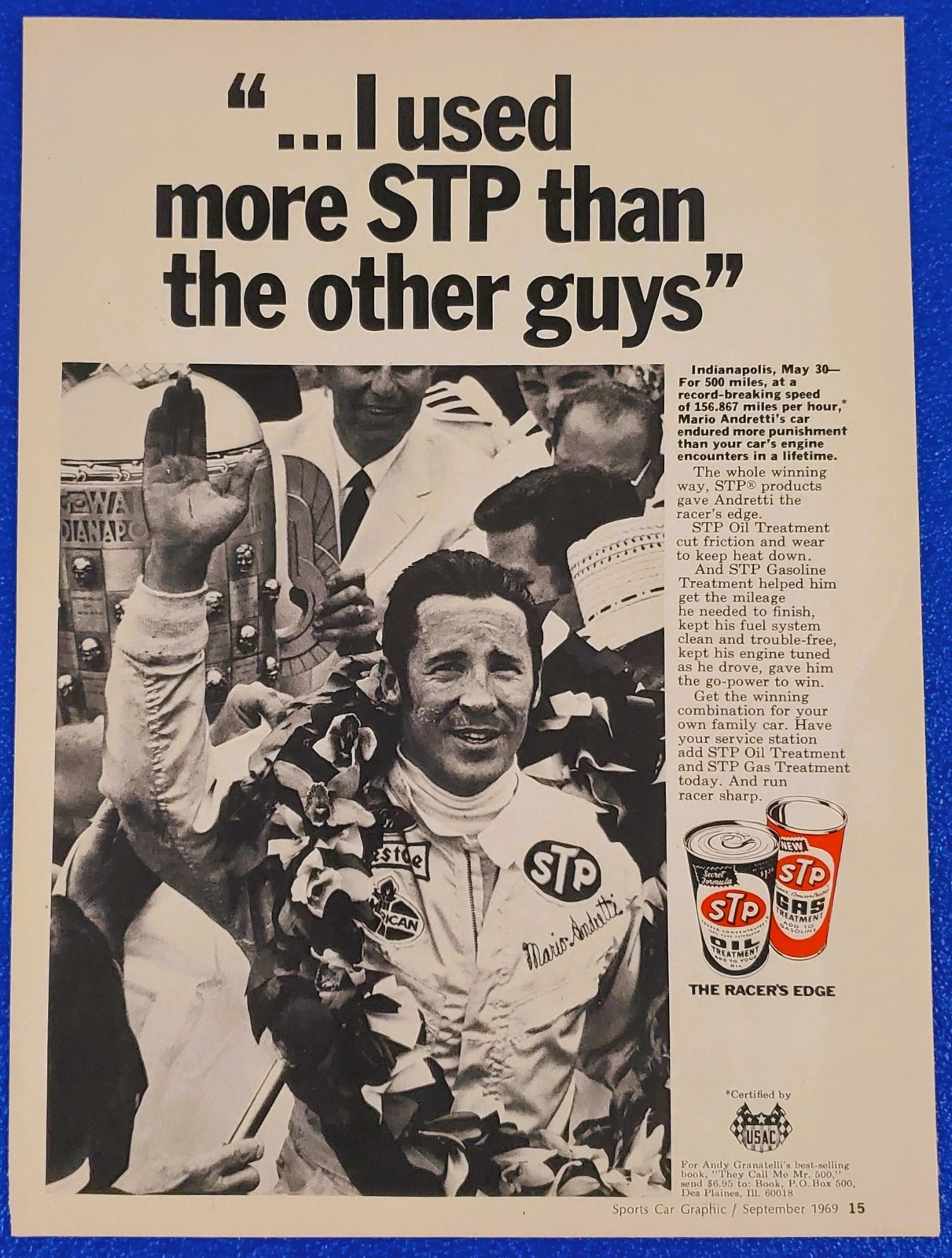 1969 STP Ad Mario Andretti Indy 500 Champion World Class Racing Retro Wall Art