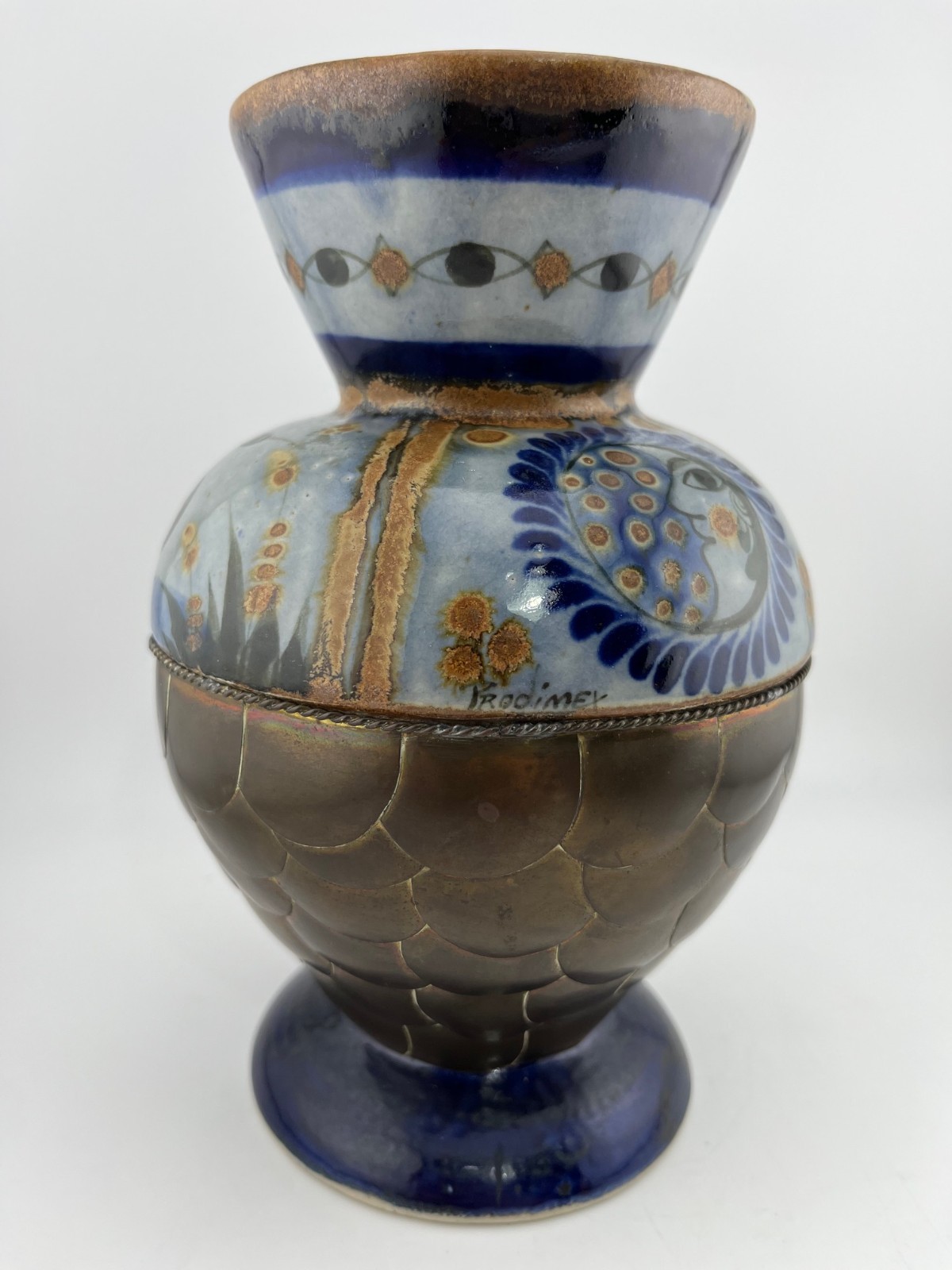 Vintage Mexican Tonala Vase With Face, Bird, Fish, Brass Bottom, signed Prodimex