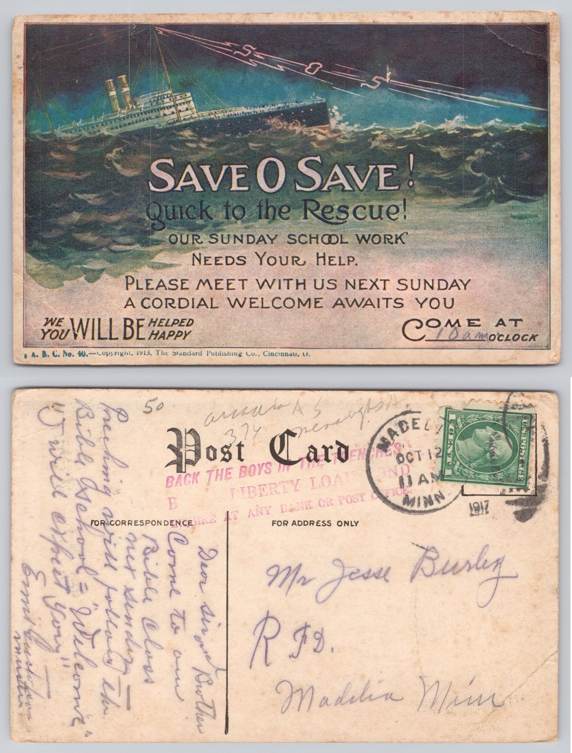 Titanic Sinking Ship SAVE O SAVE 1913 Sunday School Postcard Madelia MN 1917