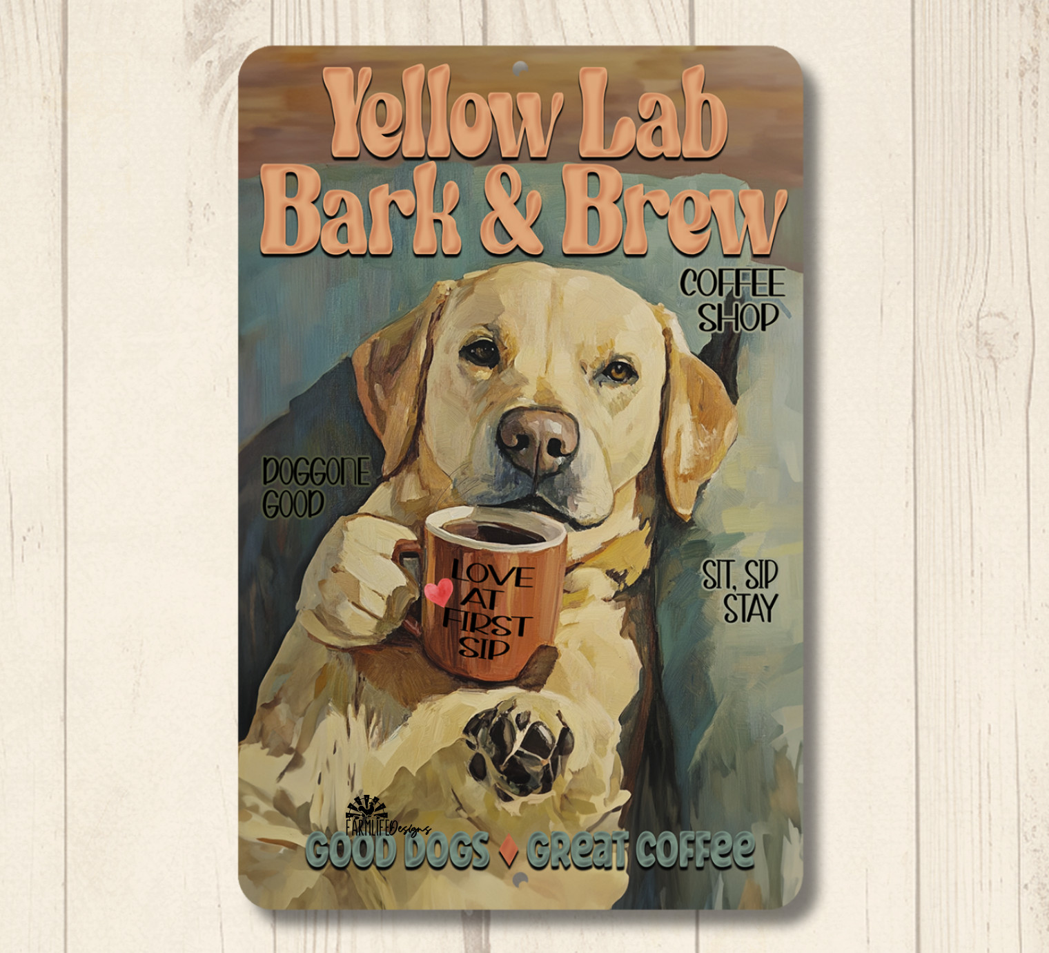 Yellow Lab Dog Coffee Bar Sign Bark Brew kitchen labrador funny metal tin golden Yellow Lab Dog Coffee Bar Sign Bark Brew kitchen labrador funny metal tin golden