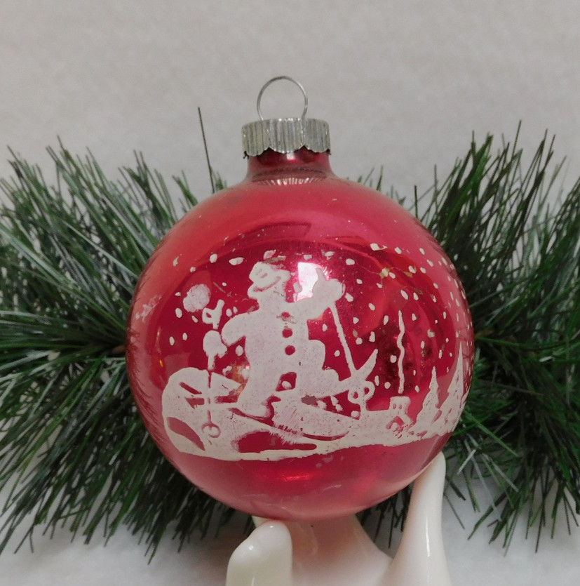 Vintage Red Shiny Brite Skiing Tumbling Snowman Winter Glass Christmas Ornament Vintage Red Shiny Brite Skiing Tumbling Snowman Winter Glass Christmas Ornament