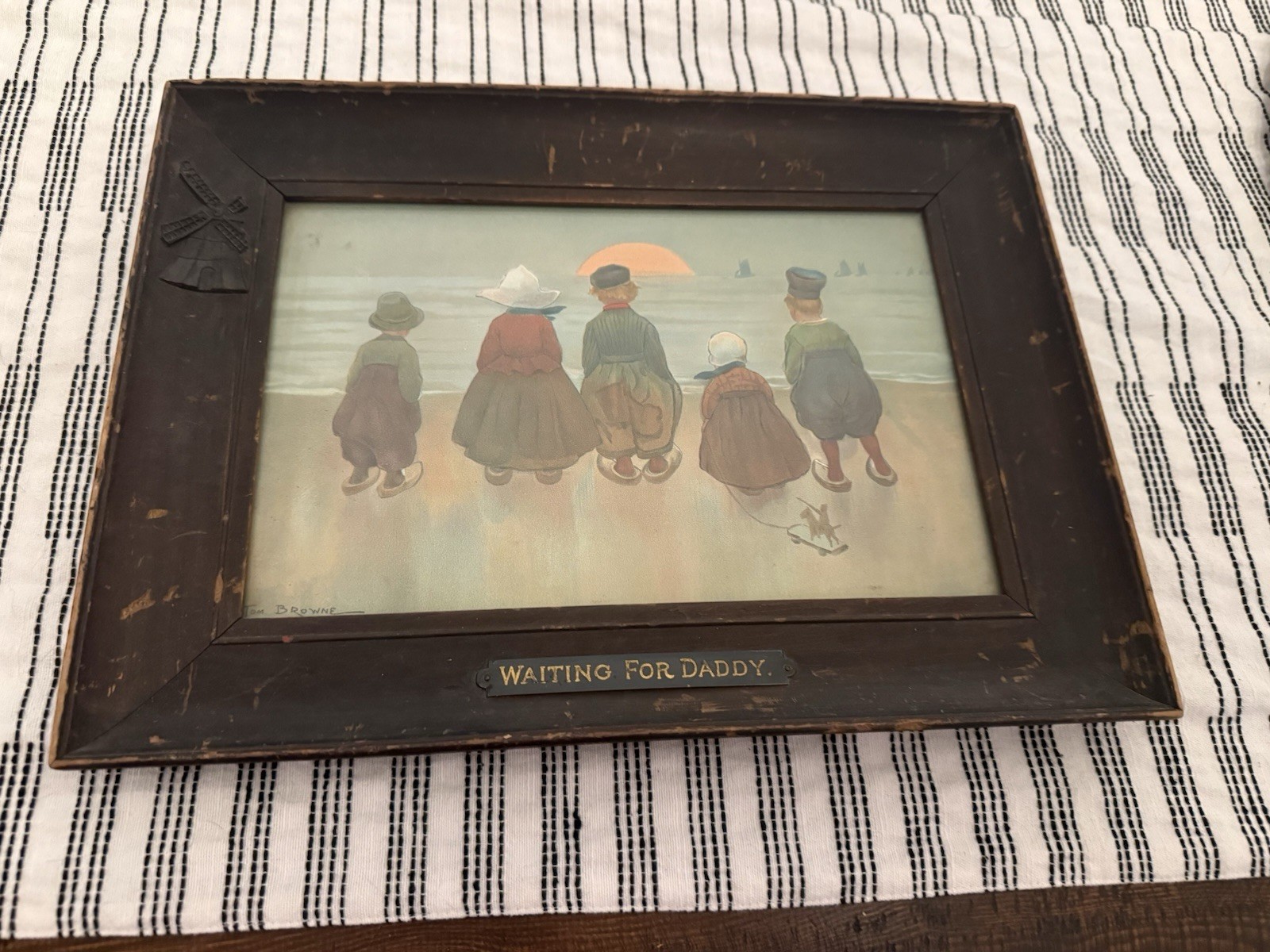 Waiting For Daddy – Tom Browne In Original Wood Carved Frame w/Windmill Detail Waiting For Daddy – Tom Browne In Original Wood Carved Frame w/Windmill Detail
