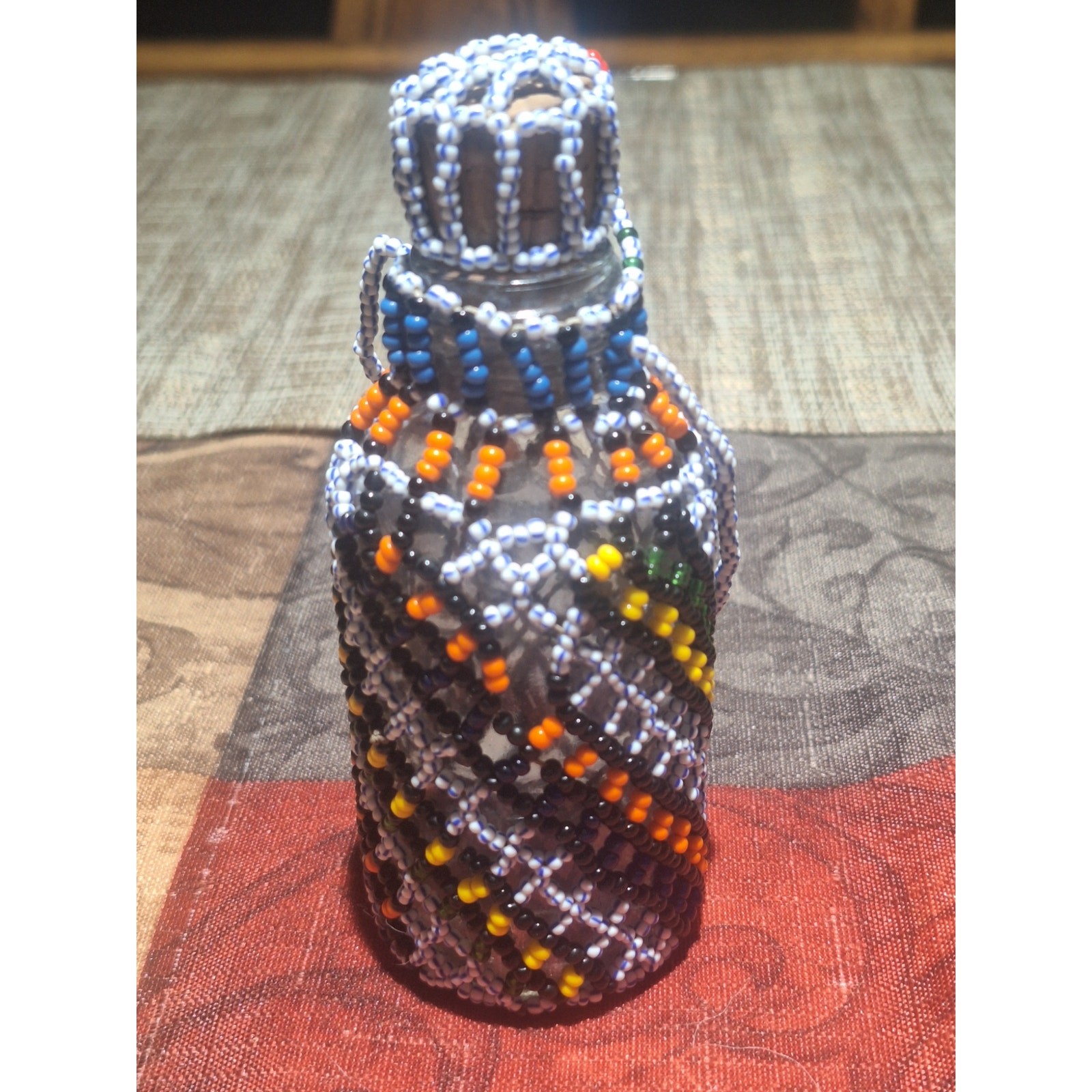 Vintage South African Zulu Style Hand Beaded Glass Bottle Cork Folk Art 5\