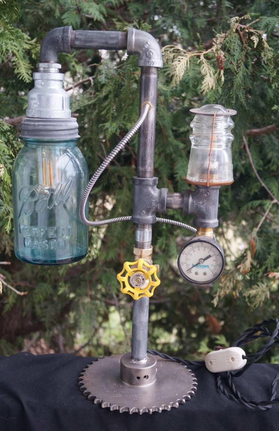 Vintage C 1975 Steam Punk Folk Tramp Art Hand Made Industrial Table Student Lamp