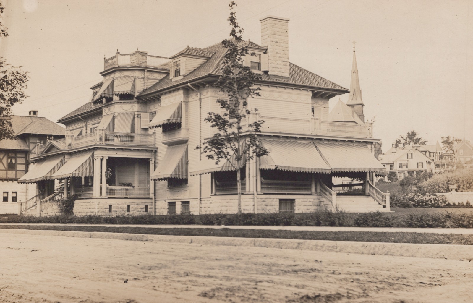 Grand Victorian Mansion RPPC Real Photo Postcard c1910 Houghton Striped Awnings Grand Victorian Mansion RPPC Real Photo Postcard c1910 Houghton Striped Awnings
