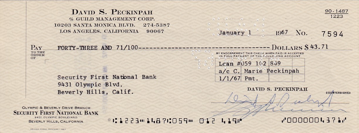 Sam Peckinpah-RARE Vintage Signed 1967 Bank Check