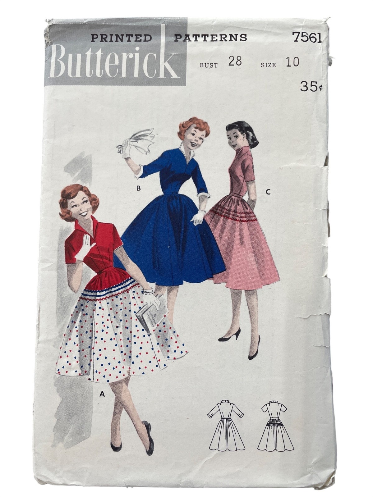 Vintage 50s Butterick 7561 Sewing Pattern Size 10 Full Skirted Dress Retro CUT 